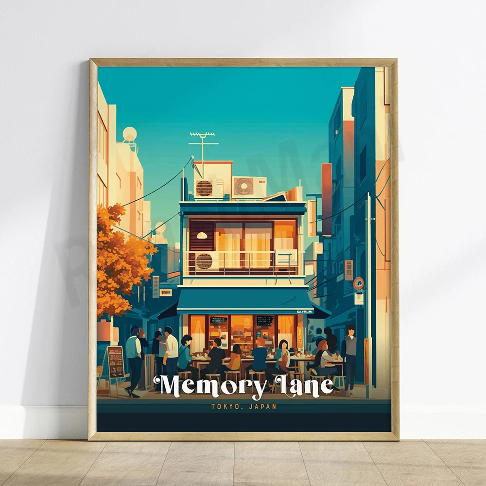 Le paysage urbain animé de Tokyo avec un café de quartier accueillant sous l'enseigne "Memory Lane" crée une scène chaleureuse et vivante.
