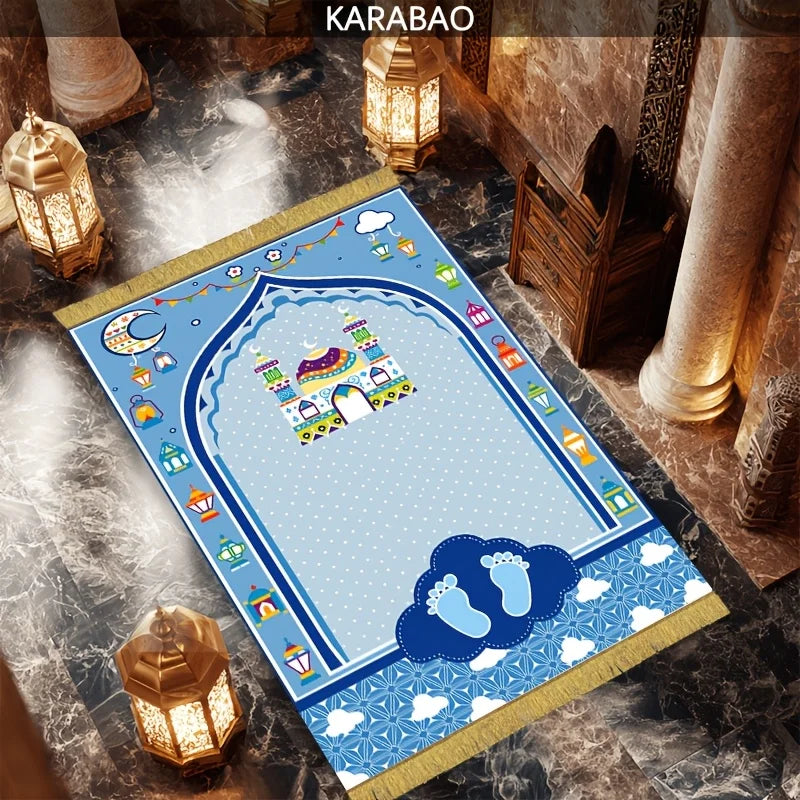 tapis prière islamique moderne bleu clair doré motifs traditionnels usage multiple résistant décoloration