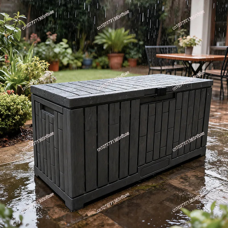 coffre rangement extérieur étanche gris panneaux horizontaux moderne charnières serrure résistant intempéries patio jardin