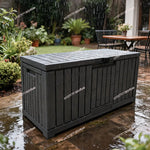 coffre rangement extérieur étanche gris panneaux horizontaux moderne charnières serrure résistant intempéries patio jardin