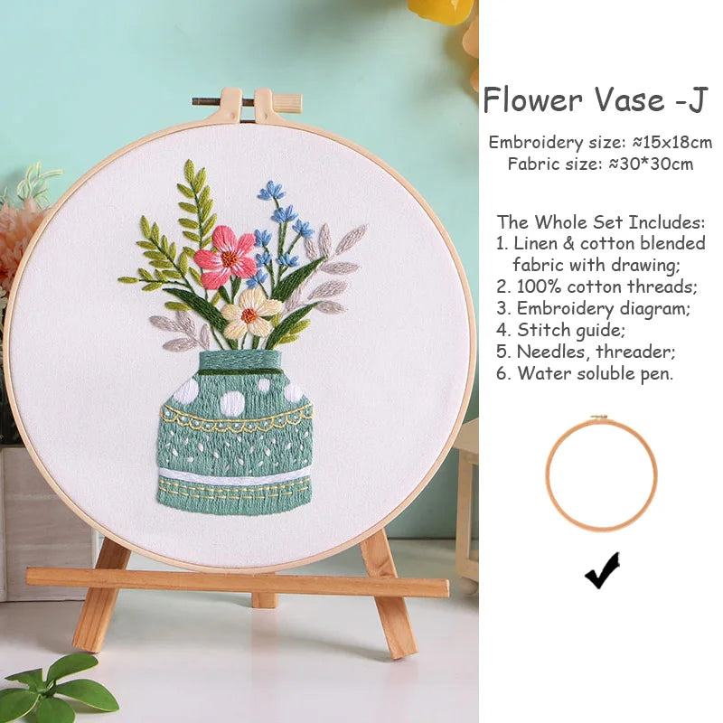 kit broderie fleurs vases multicolore traditionnel anneaux bois guide couture aiguilles fil coton