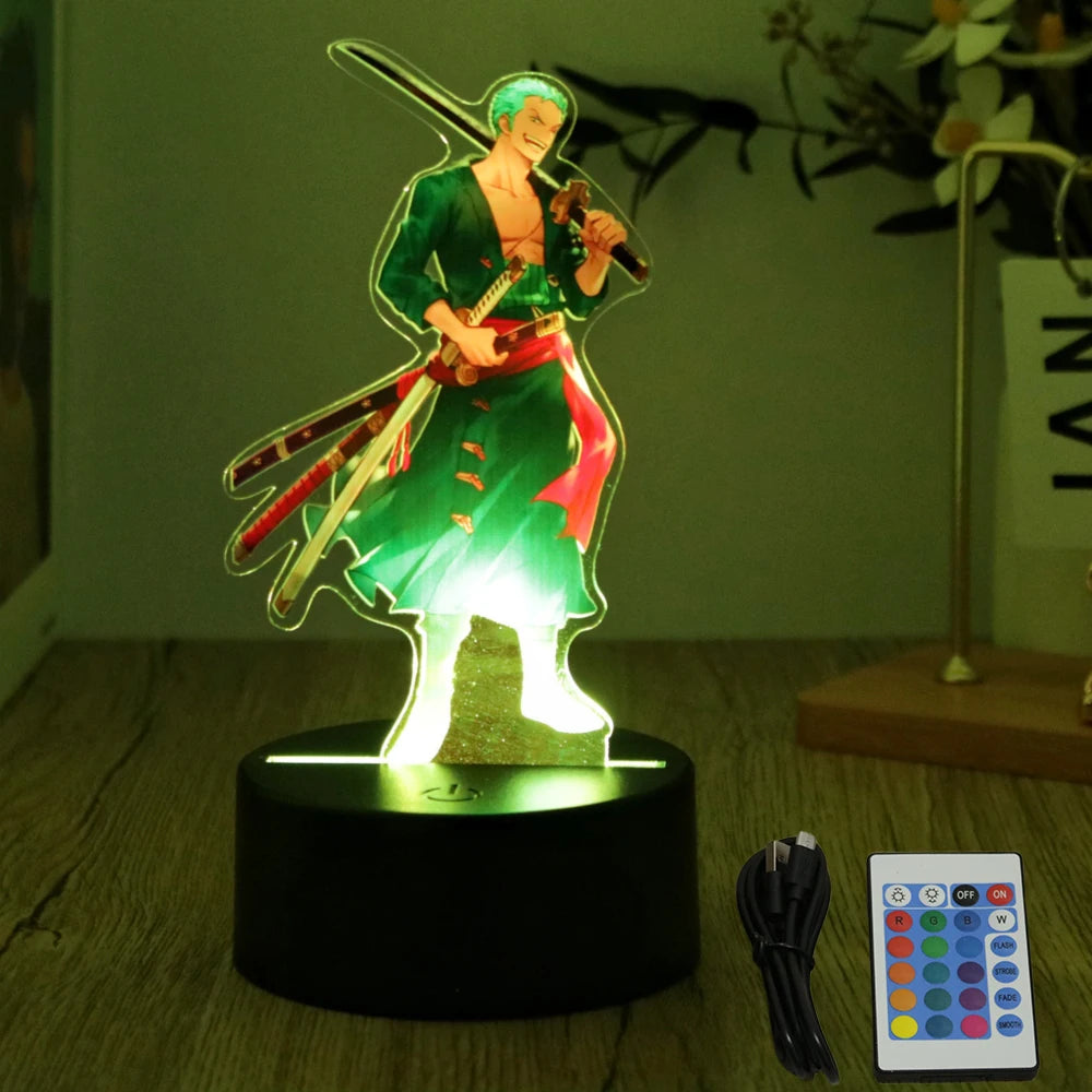 lampe led 3d anime luffy zorro cracked surface télécommande câble usb nocturne rouge vert