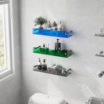 étagère murale transparente moderne salle bain minimaliste couleurs bleu rouge vert fixations métalliques flacons