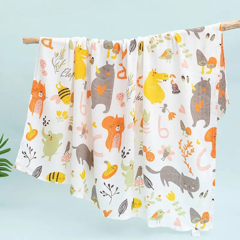 couverture bébé coton imprimée animaux blanc orange gris vert jaune marron