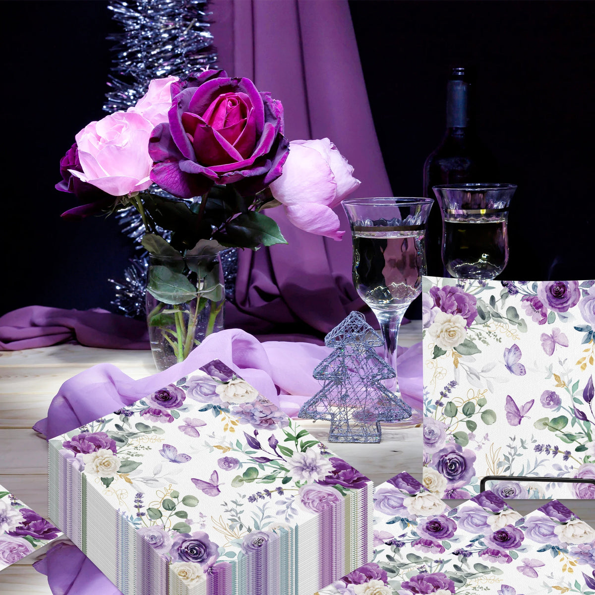 serviettes papier fleur violettes roses pivoines serviettes coeurs anniversaire mariage fêtes