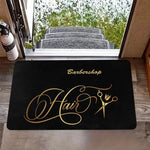 tapis sol moderne noir doré motifs coiffeur barbershop ciseaux peigne rasoir bienvenue salon graphique