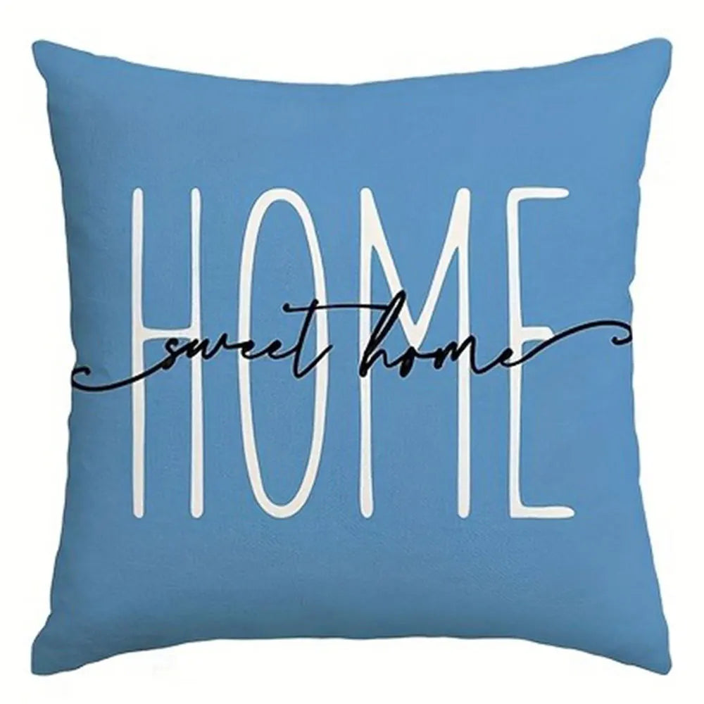 housse coussin polyester motif fleurs bleues texte chambre salon décoration moderne bleu blanc