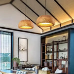 lampe suspendue marron clair tissage rotin moderne rustique câble noir