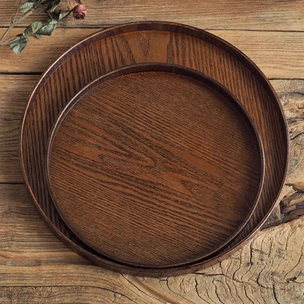 plateau rond bois marron assiettes tasses fourchette couteau donuts livres 21cm 24cm 27cm 30cm