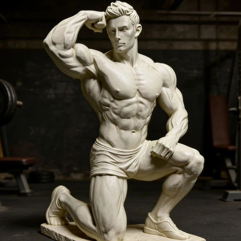 statue fitness réaliste musclé décoration sport muscle détaillé texture granulée blanc gris métallisé bracelet