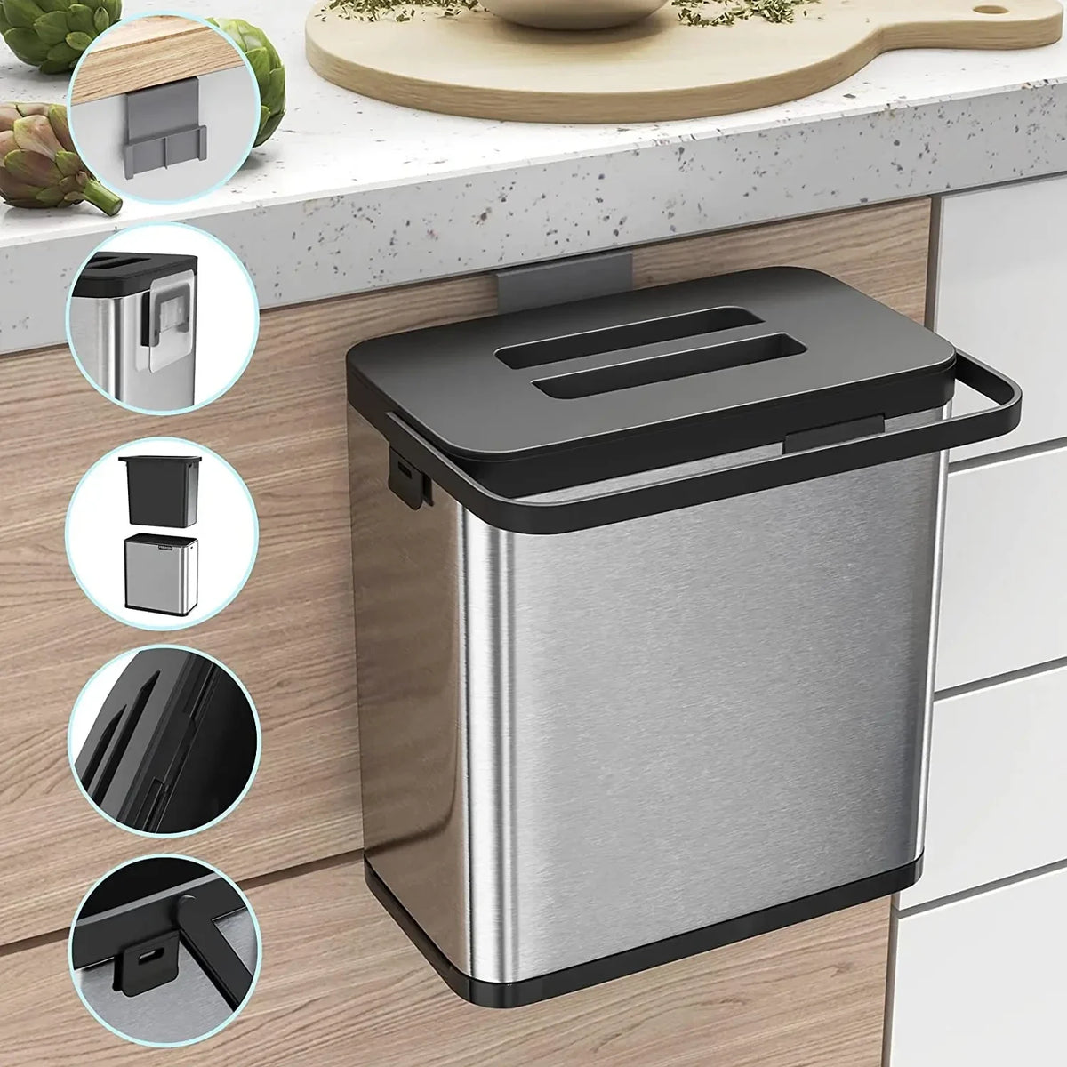 poubelle suspendue moderne minimaliste acier inoxydable couvercle roulant adhésif 3l capacité fixations porte cuisine
