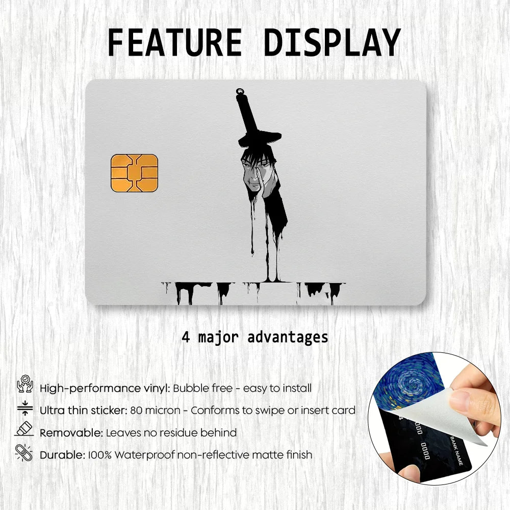 cartes crédit personnalisées adhésives anime fushiguro épée motif abstrait moderne blanc noir orange