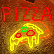 décoration murale néon pizza garniture olives couleurs rouges jaunes verte