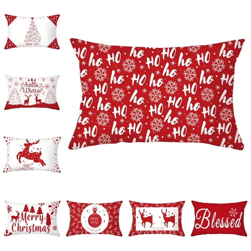 coussin Noël rouge motif rennes flocons neige décoration canapé salon fête hiver 30x50cm