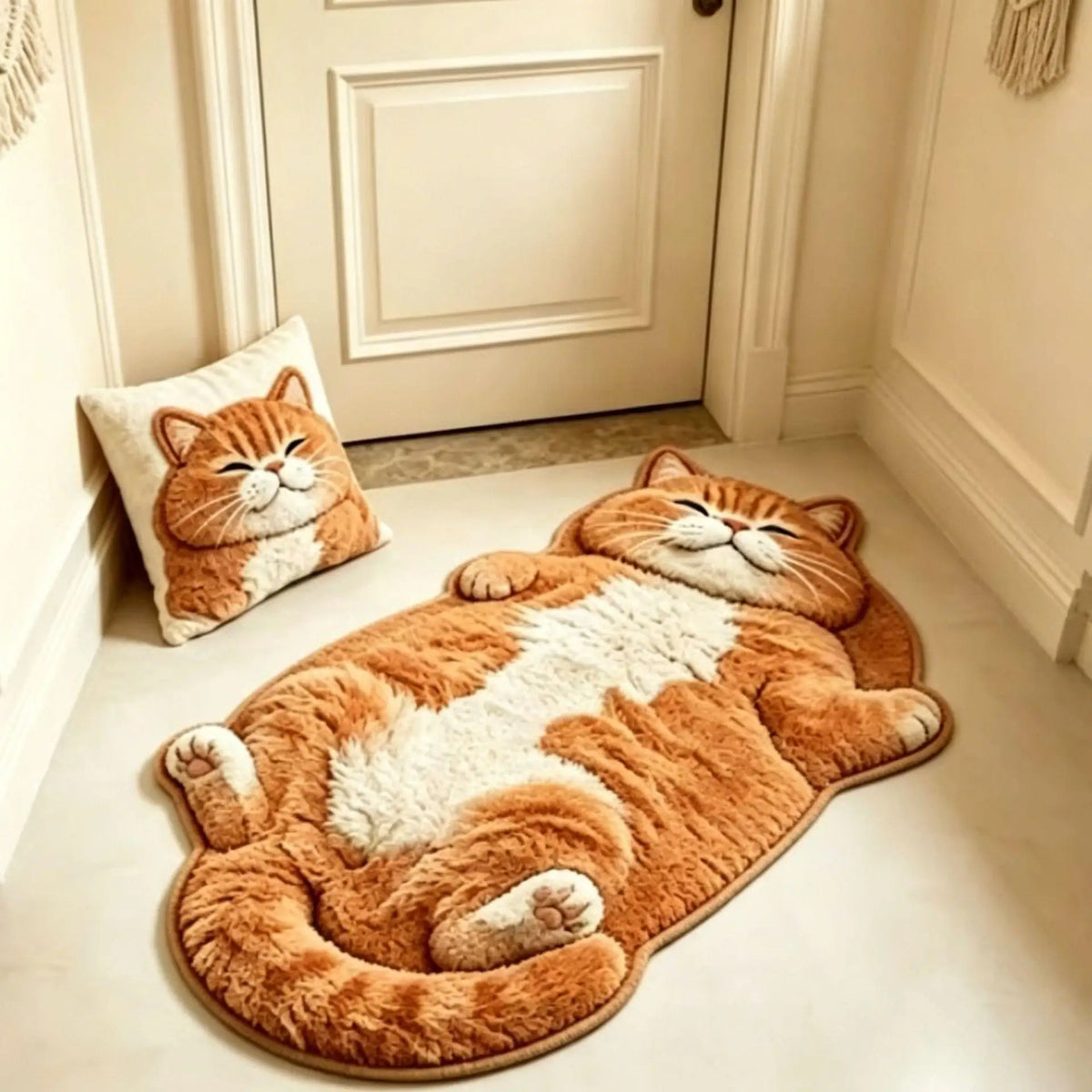 tapis sol chat tigré peluche gris blanc beige doux antidérapant chambre salon maison