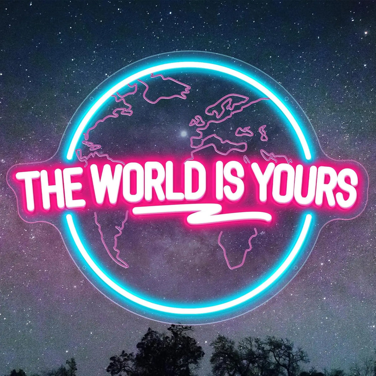 enseigne lumineuse néon carte monde THE WORLD IS YOURS bleu rose blanc fixations intérieur