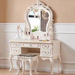 maquillage blanc ornements floraux six tiroirs grand miroir tabouret chambre classique