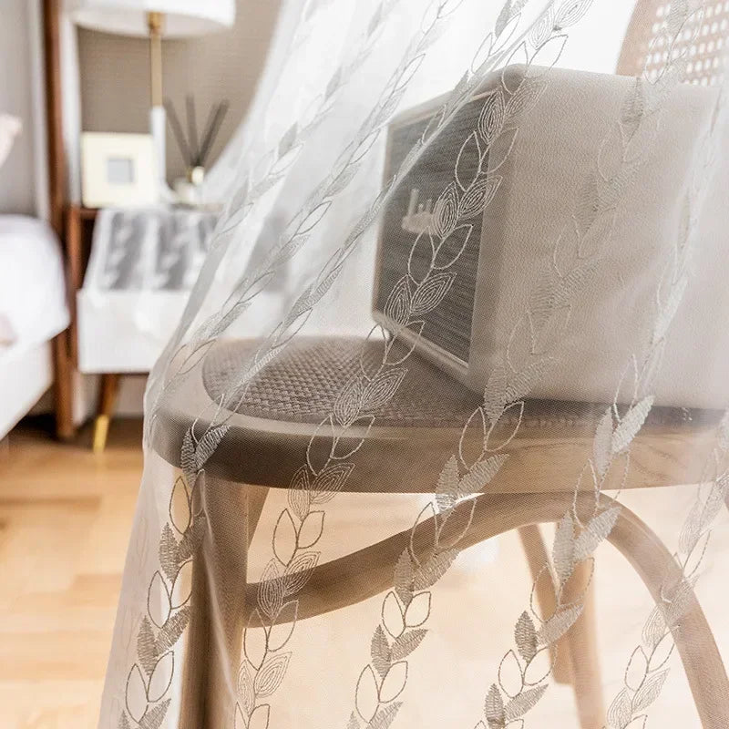 rideau blanc transparent tulle brodé feuilles classique fenêtre salon chambre maison