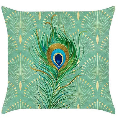 taie d'oreiller lin imprimé plumes paon moderne bleu vert doré coussin carré fixé