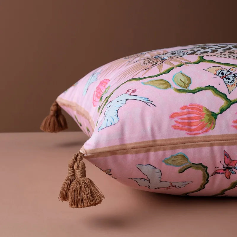 coussin carré moderne léopard oiseaux rose adhésif tassel salon décoration maison 45cm 50cm 60cm
