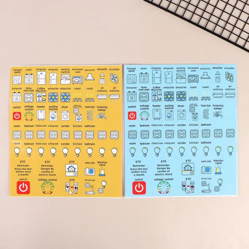 autocollants graphiques icônes électriques jaune bleu blanc adhésifs imperméables boîte disjoncteur minimaliste