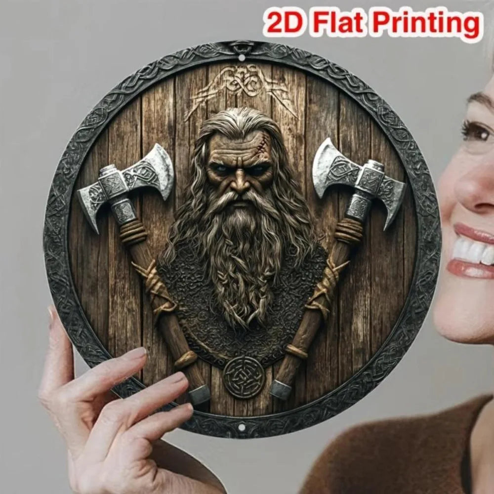 décoration murale ronde plaque métal motif viking hache bouclier marron gris noir texture bois