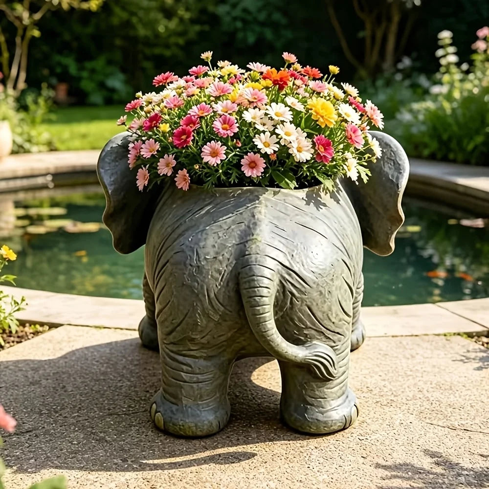 pot fleurs forme éléphant gris texture éléphant plantes fleurs vert rose rouge jaune blanc