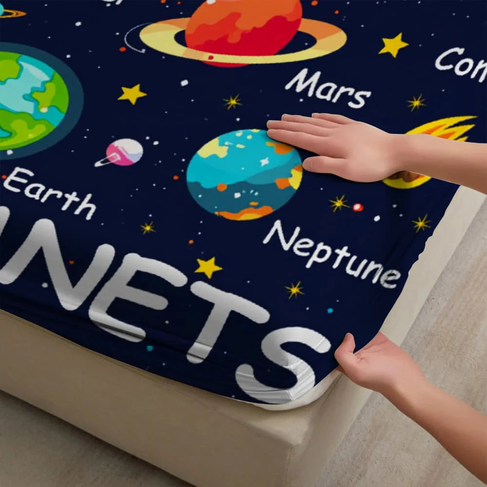 drap plat bleu foncé planètes earth mars coton polyester lit enfant illustratif chambre