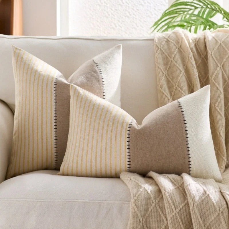 Coussins décoratifs rustiques rayés lin coton beige blanc rose bleu marine adhésifs