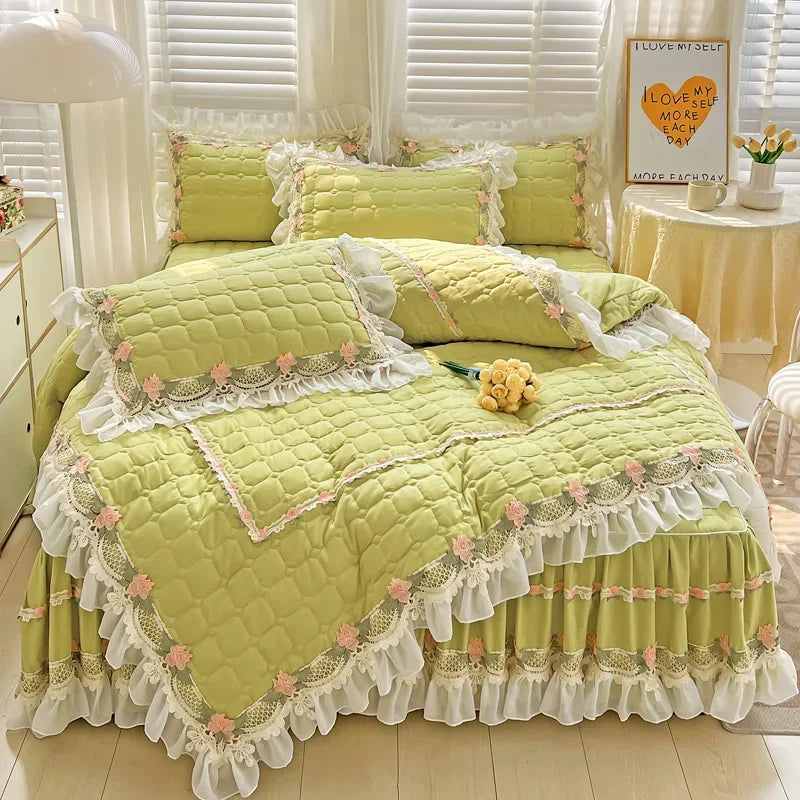 housse couette coton rose dentelle fleurs romantique blancs deux taies oreillers drap lit volants