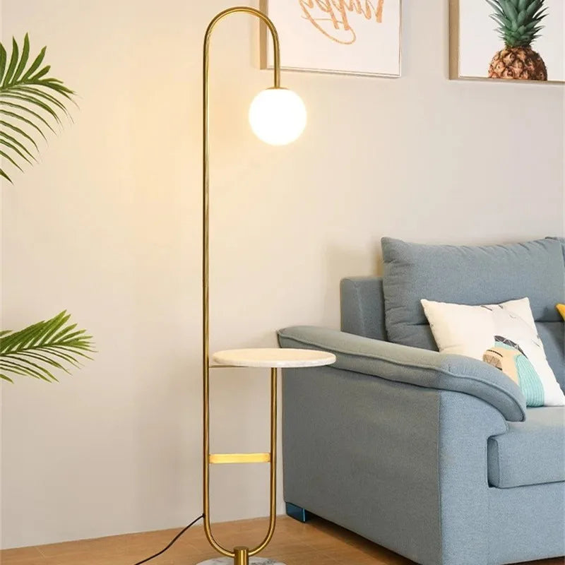lampe sol moderne plateau marbré or blanc led 6w 10w verre dépoli 153cm haute