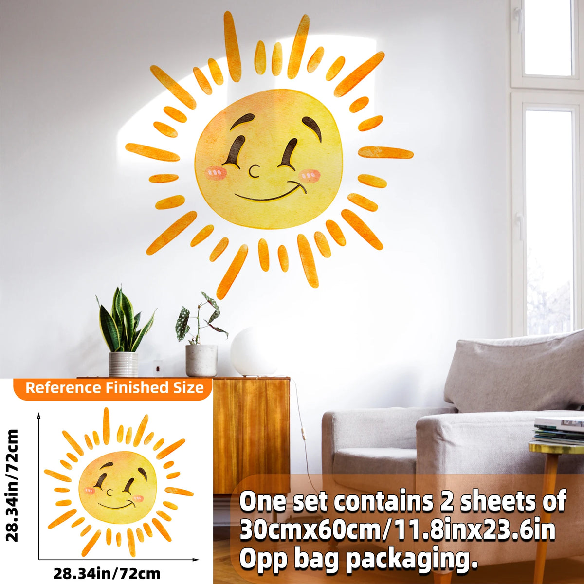 stickers muraux dessin animé soleil souriant arc ciel enfant chambre salon decoration murale jaune