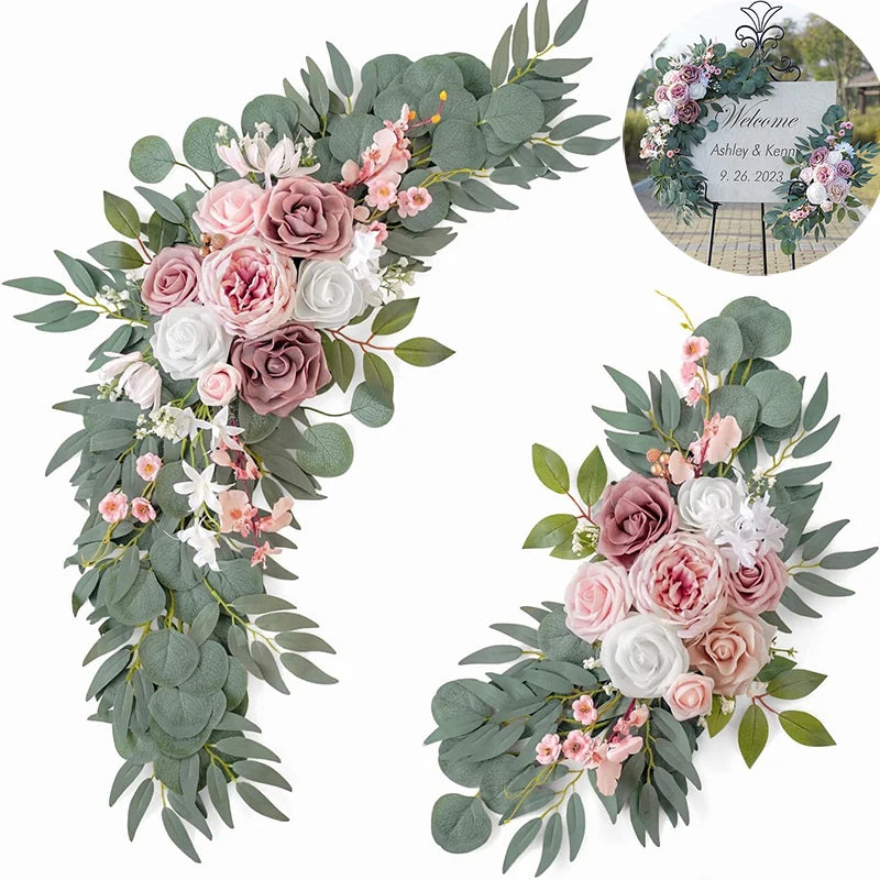 décorations florales mariage rose violet blanc feuilles vertes arches signes bienvenue