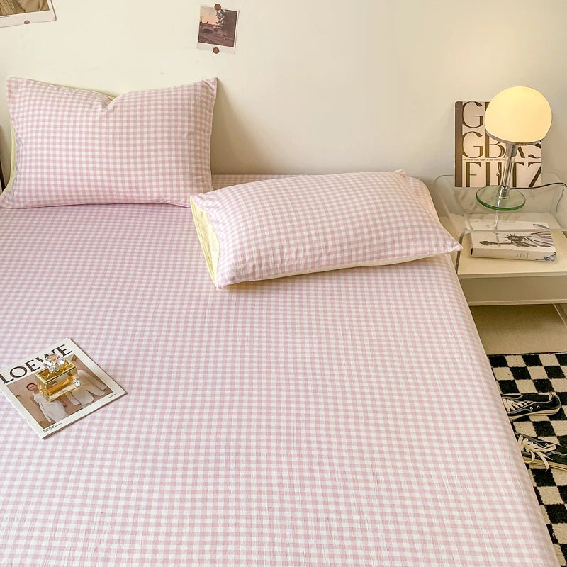 drap lit carreaux blancs rose clair vert clair coton polyester classique lit oreillers tapis