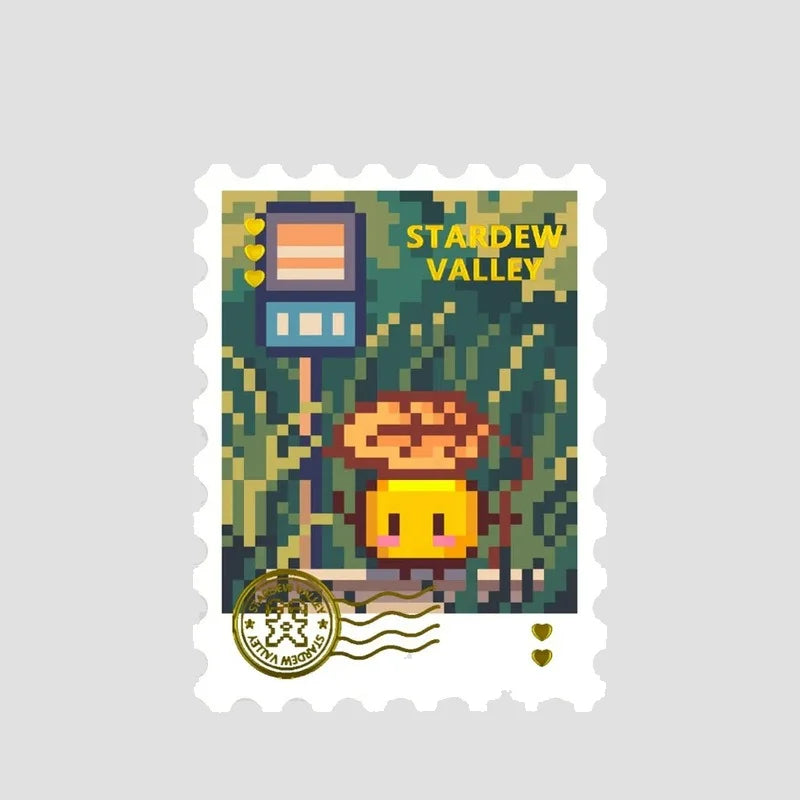 timbres stardew valley pixel art champignons fruits rétro collection papier couleur verte rouge jaune