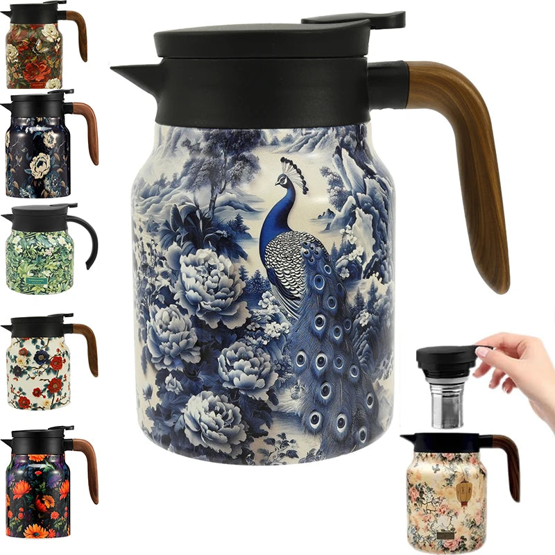 théière thermique acier inoxydable fleurs vintage poignée bois tasse assiette plateau