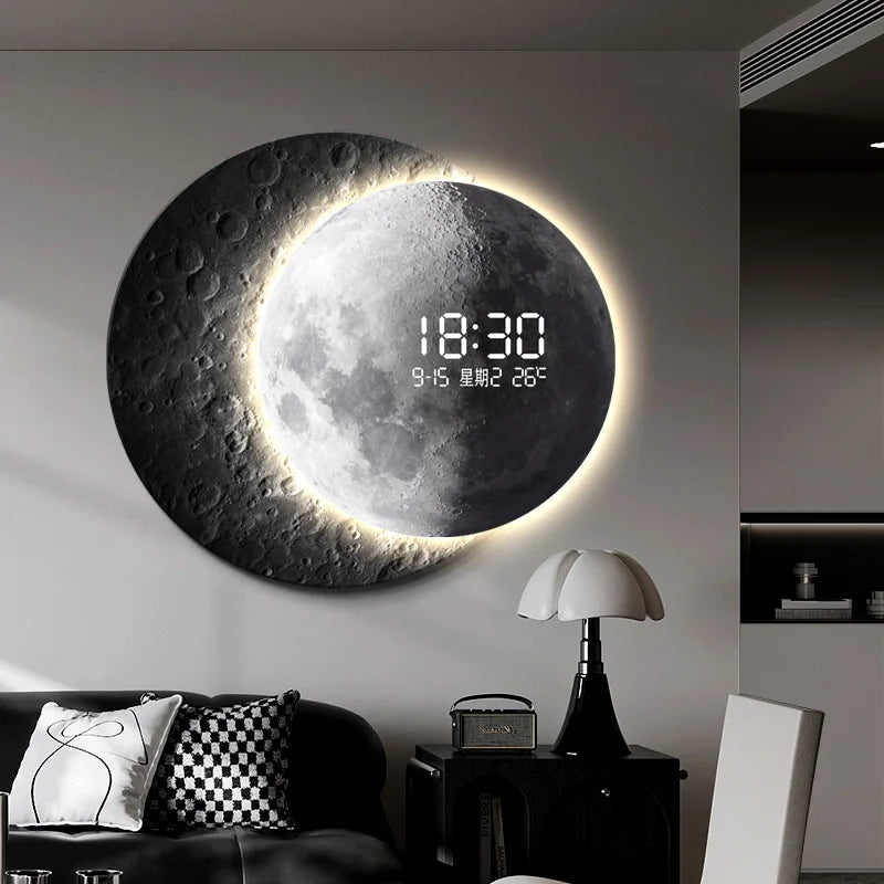 horloge murale moderne lunaire cratères gris blanc doré affichage numérique