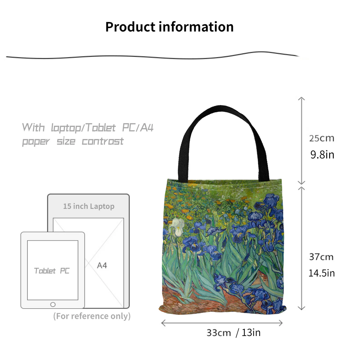 sac main polyester fleurs iris paysage moderne vert bleu beige noir poignées