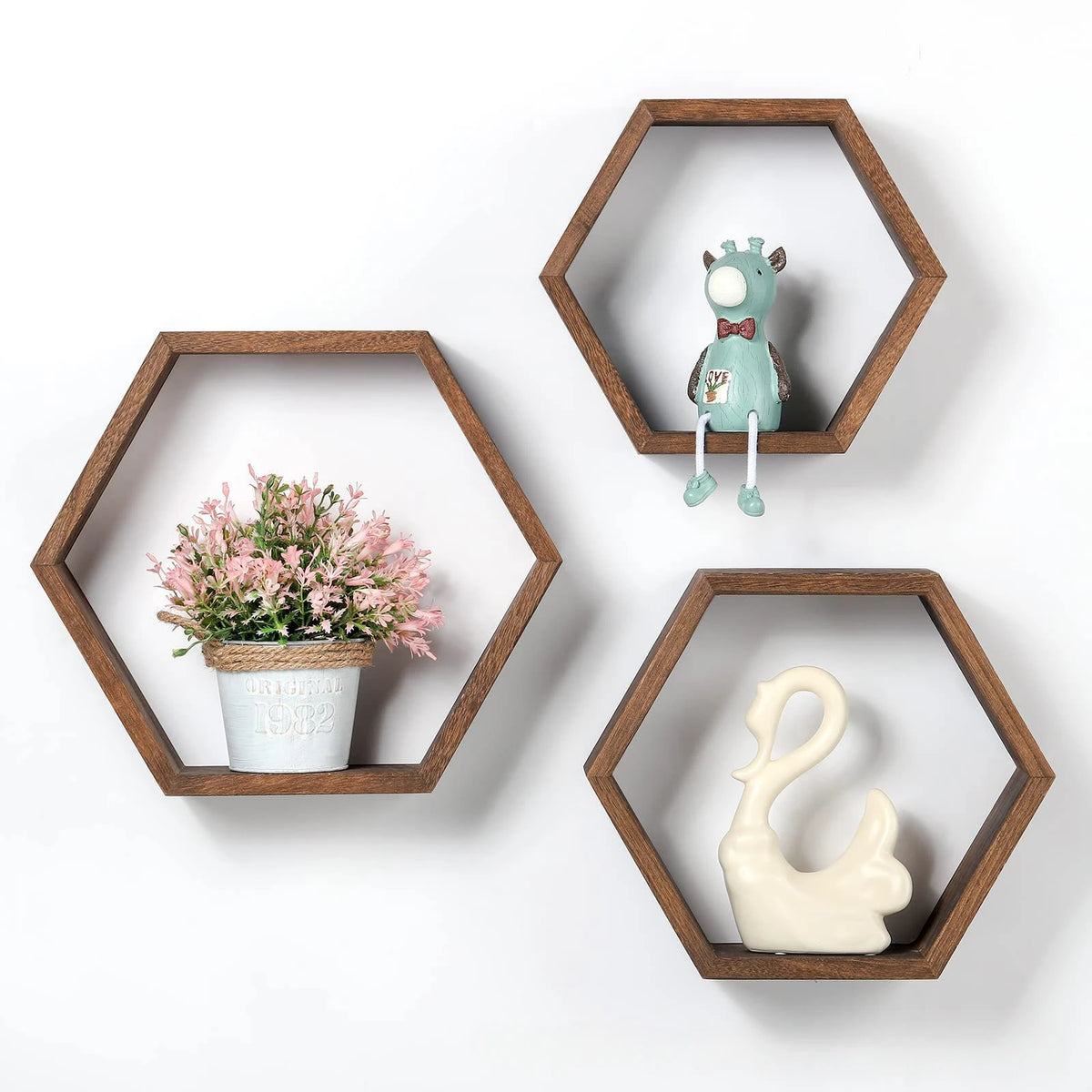 étagères murales hexagonales bois naturel moderne minimaliste protection mousse inclusion montage intégré salon.storage