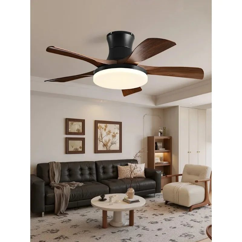 ventilateur moderne noir bois lampe led télécommande flux lumineux haute performance