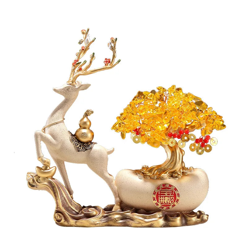 statuette décorative résine animale motifs floraux ornements métalliques beige doré rouge art déco