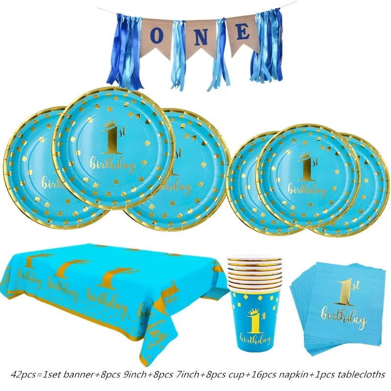 assiettes bleu clair anniversaire 1er anniversaire doré festif serviettes gobelets napkin tablecloth set festivités