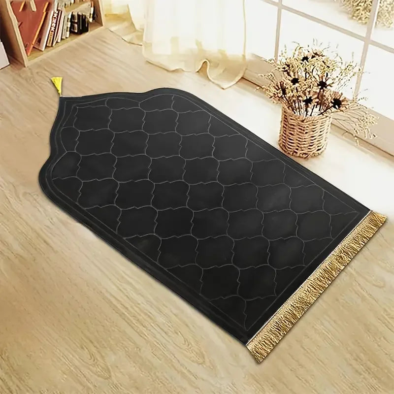 tapis prière polyester antidérapant motif géométrique gris vert noir moderne élégant franges doréesversible main