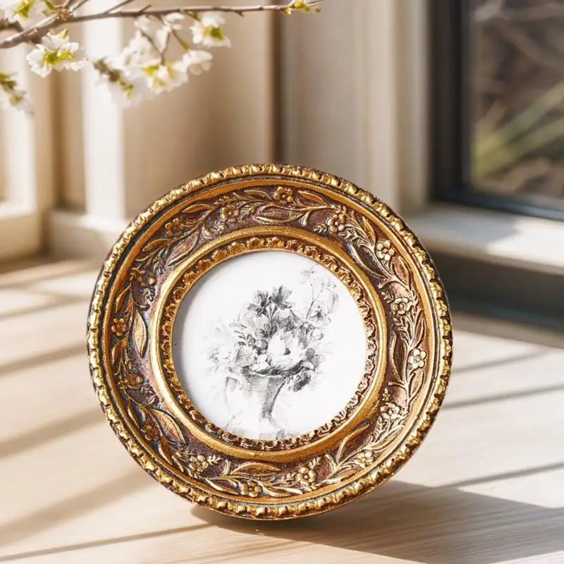 Cadre photo ovale relief floral or marron bleu foncé classique inclusion photo fleurs vase