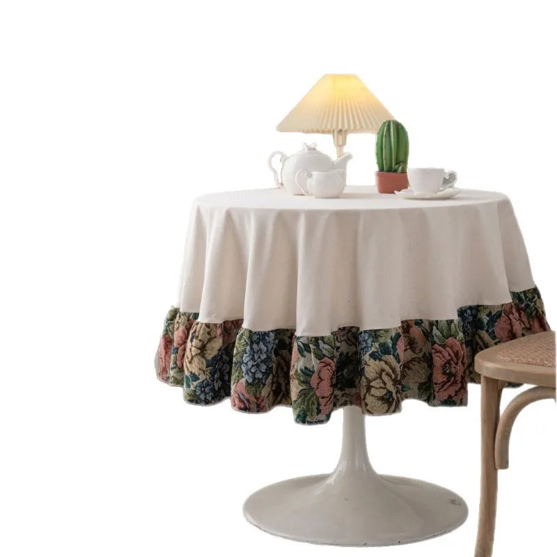 nappe table ronde jacquard floral couleurs vives blanc bleu rose vintage romantique polyester coton