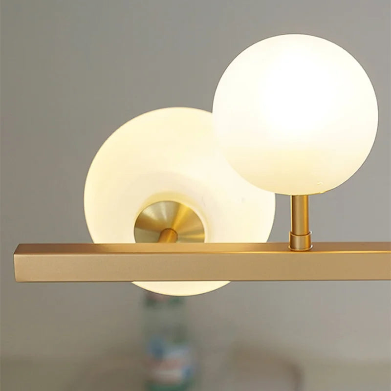 suspension lumineuse moderne or blanc boules translucides chaines interrupteur tactile