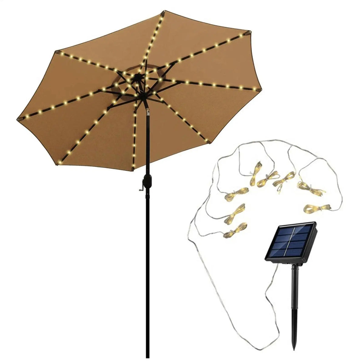 parasol solaire guirlande led bleu marron nuit extérieur ambiance chaleureuse relaxante