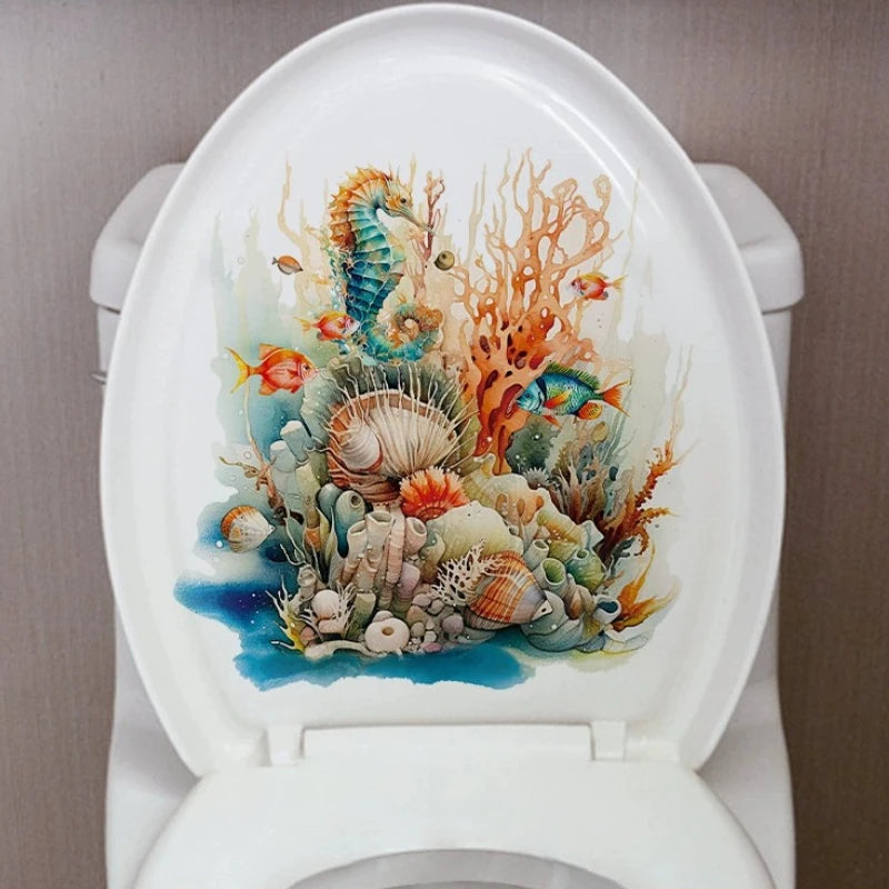 autocollant toilette sous marin étoiles mer hippocampes coraux poissons couleurs vives salle bains pvc