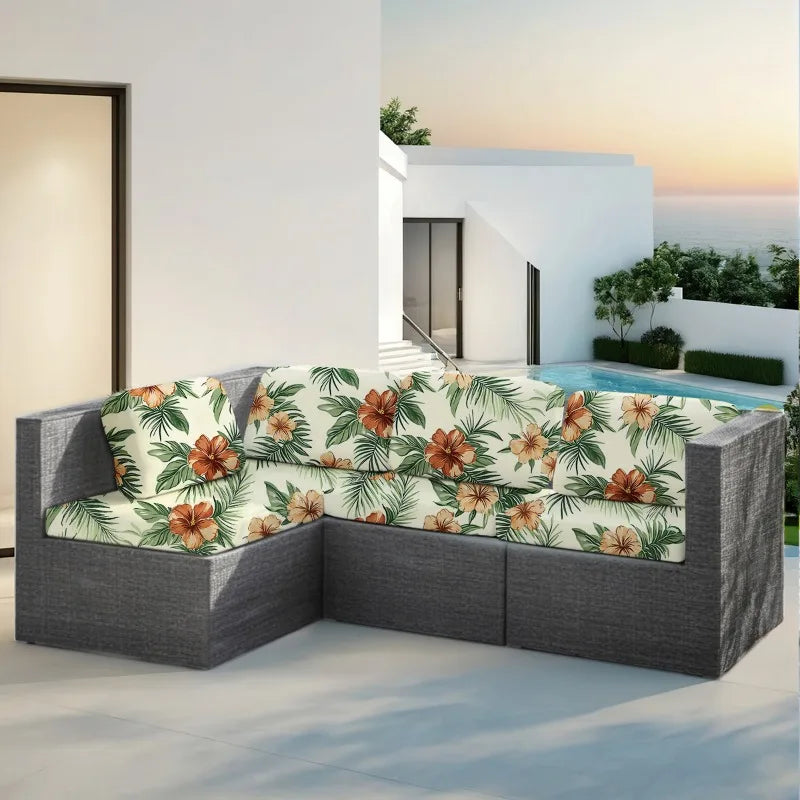 canapé extérieur moderne coussins fleurs tropicales beige vert orange printemps été polyestère lavable machine