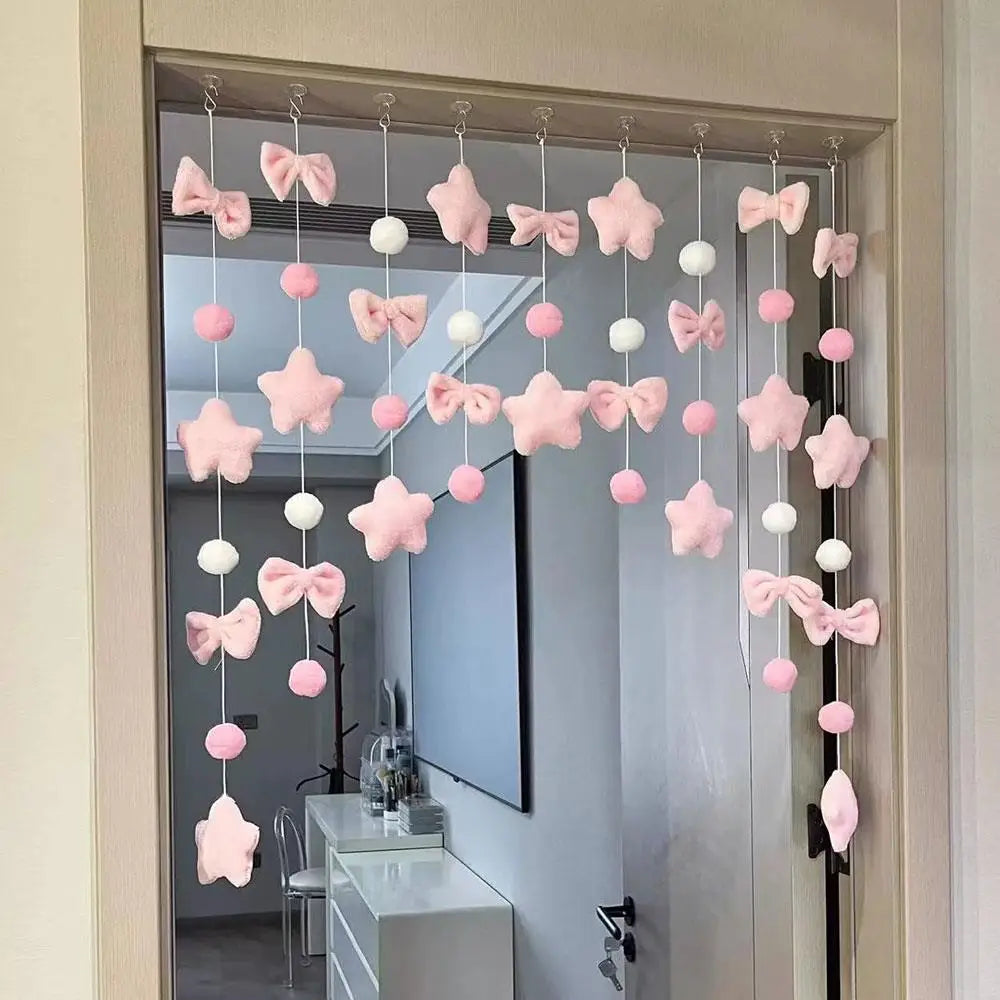 guirlande décorative porte fenêtre rose feutrine bows étoiles enfantin doux transparent fixations filsSuspension